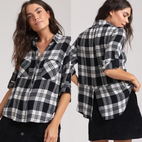 Cloth and Stone Split Back Button Down Plaid Top - Picture 5 of 10
